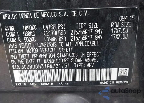 2016 Honda Hr-V Lx from USA, damaged, VIN 3CZRU6H31GM721751